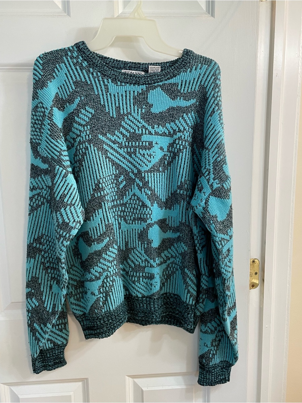 Vintage Koman Turquoise Black Abstract Acrylic Rayon Sweater XL 80s 90s